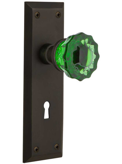 New York Door Set with Keyhole and Colored Fluted Crystal Glass Knobs Emerald in Oil-Rubbed Bronze.